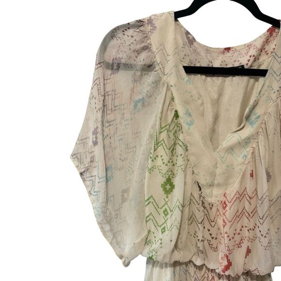 Gypsy 05 Silk Cream Tie-Dye Dolman Sleeve Aztec Boho Tunic Sheer Dress - Picture 2 of 6